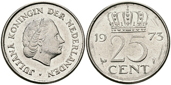НИДЕРЛАНДЫ 25 ЦЕНТОВ 1973 ЮЛИАНА KM 183 никель 96-234