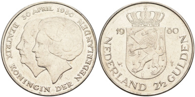 Нидерланды 2 1/2 гульдена 1980 коронация Беатрикс, 30 апреля 1980 KM 201 никель 4593-621