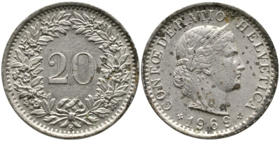 Швейцария 20 раппенов 1969 В KM 29а медно-никель 4539-616