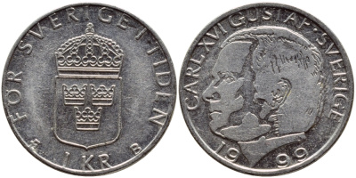 Швеция 1 крона 1999 Карл XVI Густав (1973- ) KM 852a медно-никель 89-557