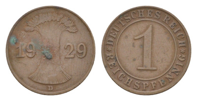 Германия 1 рейхспфенниг 1929 D KM 37, J. 313 бронза 4636-264