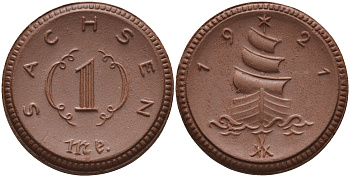 Саксония 1 марка 1921 парусник J. N 55 фарфор 1094-3-33