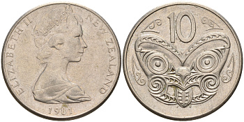 Новая Зеландия 10 центов 1981 Елизавета II (1952-2022), маска маори KM 41.1 медно-никель 4603-257