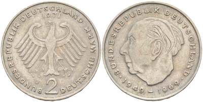ФРГ 2 марки 1971 D, Теодор Хойс KM 127, J. 407 медно-никель плакированный никелем 4448-726