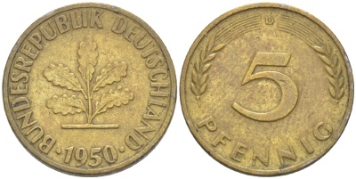ФРГ 5 ПФЕННИГОВ 1950 D KM 107, J. 382 сталь плакированная латунью 4181-868