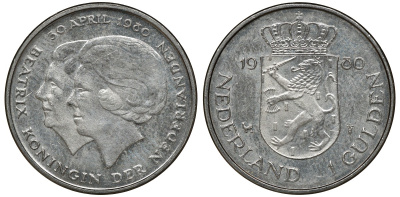 Нидерланды 1 гульден 1980 на коронацию Беатрикс, 30 апреля 1980 KM 200 никель 72-1515