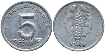 ГДР 5 ПФЕННИГОВ 1949 A КМ 2 алюминий 261-645
