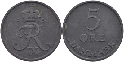 ДАНИЯ 5 ЭРЕ 1954 N; S, ФРЕДЕРИК IX (1947-1972) KM 843.1 цинк 97-1144