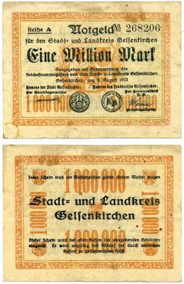 ГЕЛЬЗЕНКИРХЕН 1000000 марок (1 миллион) 1923 9 августа 1923, нотгельд, земля Северный Рейн-Вестфалия, REIHE A Keller 1710m бумага 2193-31-3-1