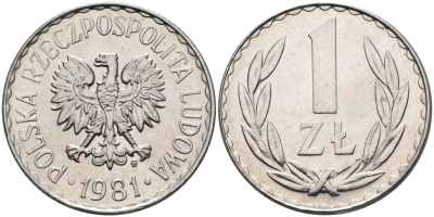 Польша 1 злотый 1981 MW, Народная Республика KM 49.1, Parchimowicz 213t алюминий UNC 4182-347