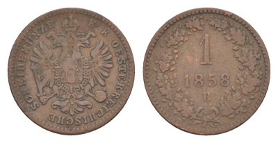 Австрия 1 крейцер 1858 B, Франц Иосиф I (1848-1916) KM 2186 медь 4639-159