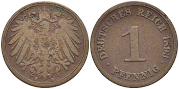 ГЕРМАНИЯ 1 ПФЕННИГ 1893 D KM 10, J. 10, Weege 2 медь 211-156