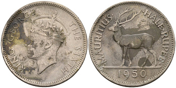 Маврикий 1/2 рупии 1950 Георг VI (1937-1952) KM 28 медно-никель 4586-545