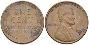 США 1 ЦЕНТ 1957 D, ЛИНКОЛЬН KM А132 медь цинк 218-318
