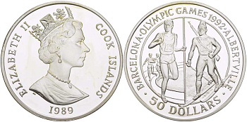 Острова Кука 50 долларов 1989 XXV летние Олимпийские игры 1992 года в Барселоне и XVI Зимние Олимпийские игры 1992 в Альбервиле KM 60 серебро PROOF 1085-7-52
