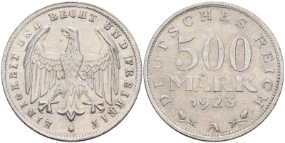 Германия 500 марок 1923 А KM 36, J.305 алюминий 4565-714