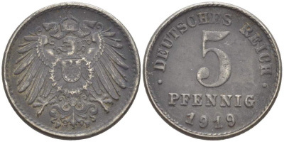 ГЕРМАНИЯ 5 ПФЕННИГОВ 1919 F KM 19, J. 297 железо 4523-255