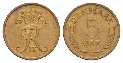 Дания 5 эре 1971 C, Фредерик IX (1947-1972) KM 848 бронза 4657-313