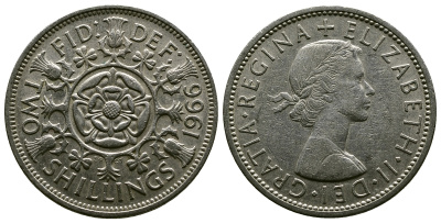 Великобритания 2 шиллинга (флорин) 1966 Елизавета II (1952-2022) KM 906, Spink 4146 медно-никель 4382-726