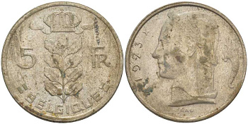 БЕЛЬГИЯ 5 ФРАНКОВ 1973 BELGIQUE, БОДУЭН I (1951-1993) KM 134.1 медно-никель 119-731