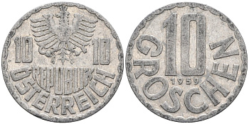 Австрия 10 грошей 1959 КМ 2878 алюминий 4573-233