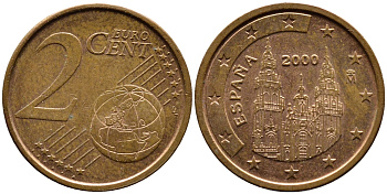 ИСПАНИЯ 2 ЕВРОЦЕНТА 2000 KM 1041 сталь плакированная медью 4392-111