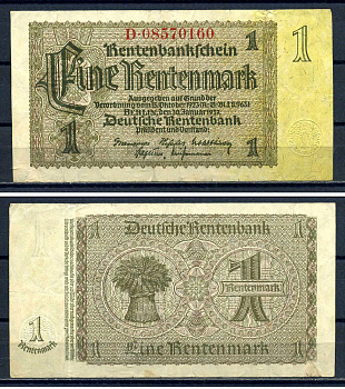 Германия 1 рентенмарка 1937 Pick 173 b бумага 8621-46-2-2