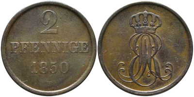 Ганновер 2 пфеннига 1850 В, Эрнст Август (1837-1851) KM 202.1 медь 4448-1045