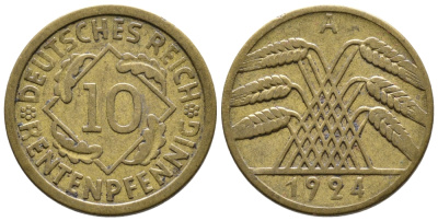 ГЕРМАНИЯ 10 РЕНТЕНПФЕННИГОВ 1924 A KM 33, J. 309, Weege 8 алюминиевая бронза 177-835