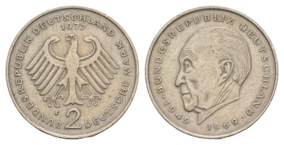 ФРГ 2 марки 1977 F, Конрад Аденауэр, 20 лет Федеративной Республике (1949-1969) KM 124 медно-никель 4628-1021