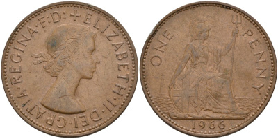 Великобритания 1 пенни 1966 Елизавета II (1952-2022) KM 897, Spink 4157 бронза 4149-824