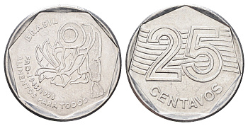 Бразилия 25 сентаво 1995 50 лет Всемирной продовольственной программе (ФАО) KM 642 нержавеющая сталь 4646-1025