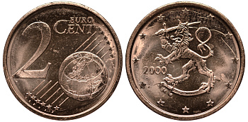 ФИНЛЯНДИЯ 2 ЕВРОЦЕНТА 2000 KM 99 сталь плакированная медью UNC 4181-448