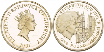 Гернси 1 фунт 1997 Елизавета и Филлип, золотая свадьба KM 70 серебро PROOF 02-117-24