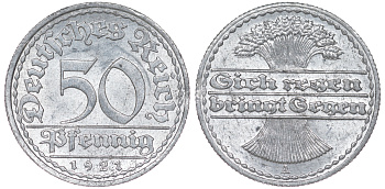 Германия 50 пфеннигов 1921 A KM 27, J. 301 алюминий aUNC 4114-614