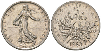 Франция 5 франков 1960 сеятель KM 926, Le Franc 340.4 серебро 4389-142