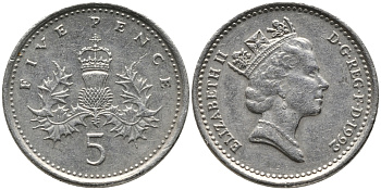 Великобритания 5 пенсов 1992 Елизавета II (1952-2022) KM 937b, Spink 4372 (D4) медно-никель 99-1066