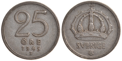Швеция 25 эре 1945 TS, Густав V (1907-1950) KM 816 серебро 4179-857