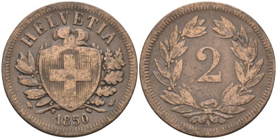 Швейцария 2 раппена 1850 А KM 4 бронза 4585-114