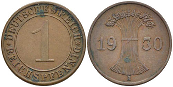 ГЕРМАНИЯ 1 РЕЙХСПФЕННИГ 1930 A KM 37, J. 313, Weege 2 бронза 211-119