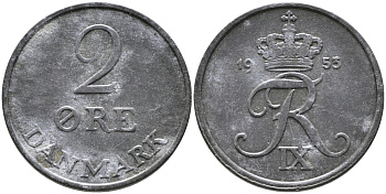 ДАНИЯ 2 ЭРЕ 1953 N; S, ФРЕДЕРИК IX (1947-1972) KM 840.1 цинк 28-1044