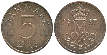 ДАНИЯ 5 ЭРЕ 1987 R; B, МАРГРЕТЕ II (1972-) KM 859.3 железо плакированное медью 100-1148