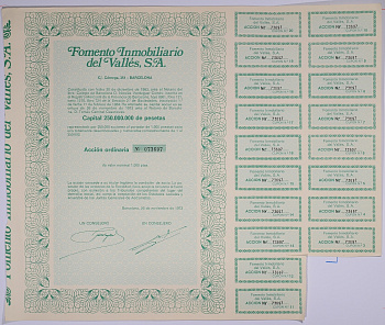 Испания акция на 1000 песет 1973 Fomento Inmobiliario del Valles, S.A., Барселона 1973, с купонами бумага 5548-33-1-2