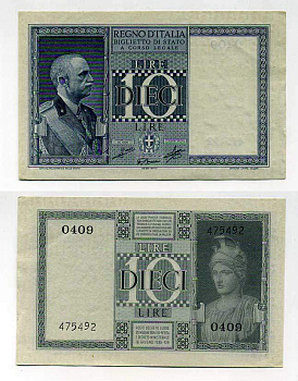 Италия 10 лир 1939 Король Виктор Эммануил III Pick 25 c, Grapanzano BS 45 бумага aUNC 000-00-00