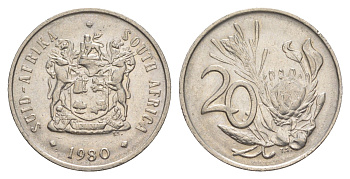 ЮАР 20 центов 1980 герб, цветок протея KM 86 никель 4601-357