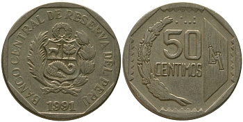 Перу 50 сентимо 1991 LIMA KM 307.1, Schon 106 медь цинк никель 4541-511
