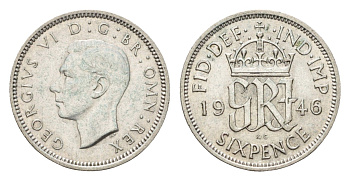 Великобритания 6 пенсов 1946 Георг VI (1936-1952) KM 852, Spink 4084 серебро 4383-424
