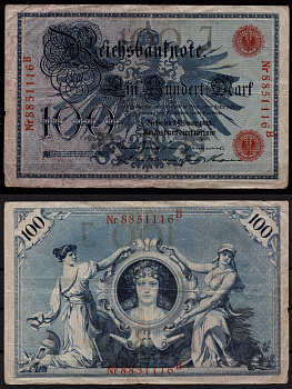 Германия 100 марок 1908 Орел.Аллегорические женщины, женский портрет Pick 33 бумага 7547-67-3-1