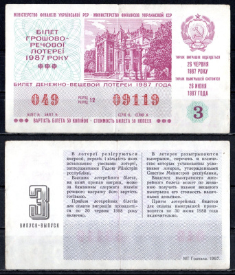 УССР (Украина) лотерейный билет стоимостью в 50 копеек 1987 денежно-вещевая лотерея, 3-ый выпуск, разряд 12 бумага 6285-56-1-1