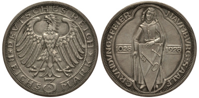 Германия 3 марки 1928 A, 900 летие основания Наумбурга J. 333, KM 57 серебро aUNC 00-000-00